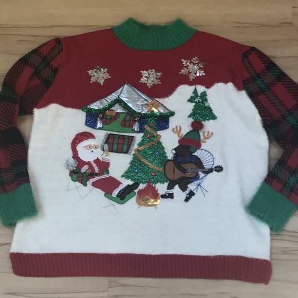 Merry & Bright Fuzzy Embroidered Santa Rudolph Camp Funny Ugly Christmas Sweater - Picture 2 of 13